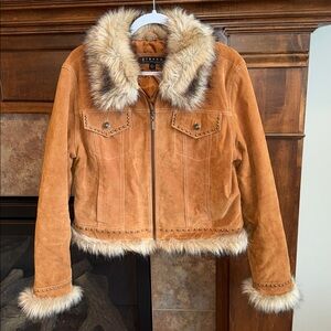 Tan suede leather jacket faux fur trim stud details y2K boho penny lane size L